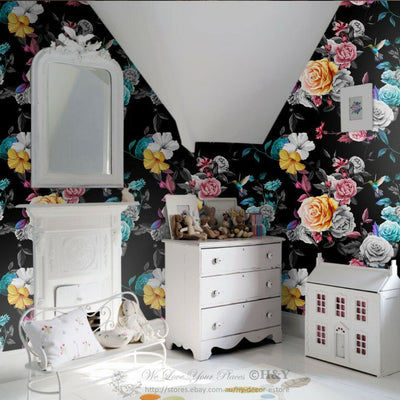 Birds Flower Black Wall Paper Print Removable Mural Covering Wallpaper Decor B13,hywallart