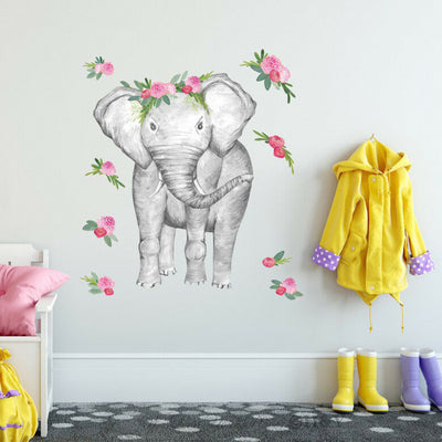 Flowers Elephant Wall Art Sticker Kids Nursery Decor,hywallart