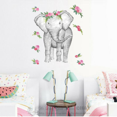 Flowers Elephant Wall Art Sticker Kids Nursery Decor,hywallart
