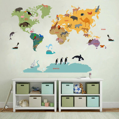 Safari Animal Worldmap Map Wall Sticker,hywallart