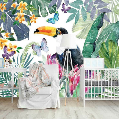 Tropical Leaves Birds Wall Mural B64,hywallart