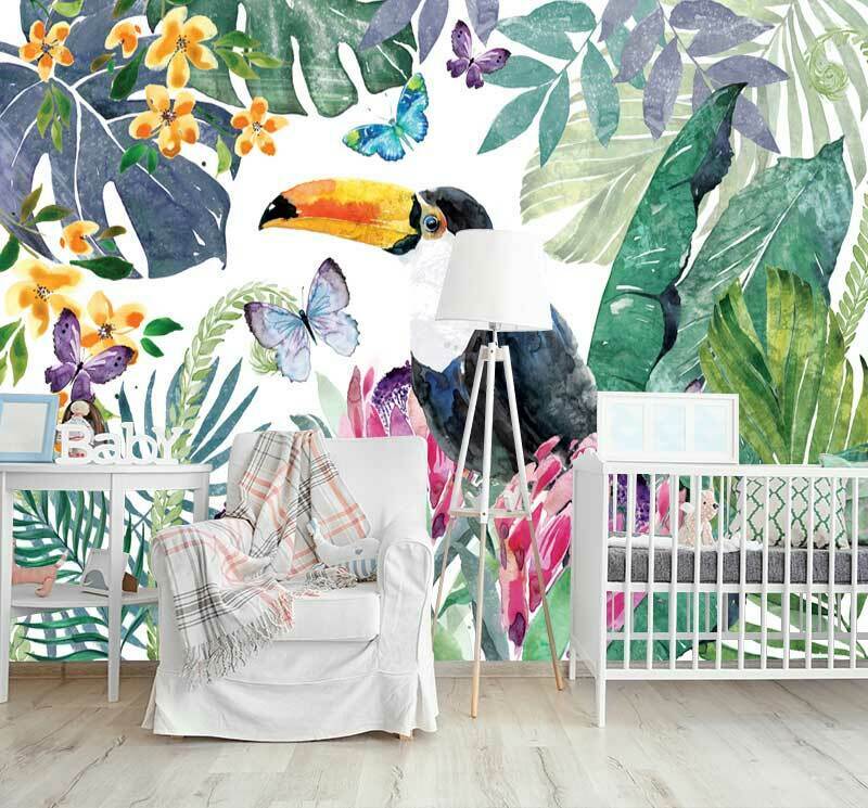 Tropical Leaves Birds Wall Mural B64