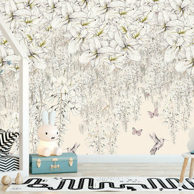 Sweet Lillies Flower Butterfly Wall Mural Wallpaper Kids Nursery Decor DIY B74,hywallart