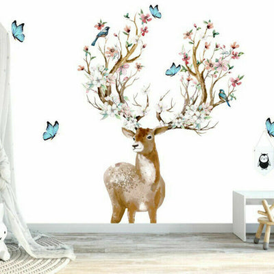Deer Flower Blossom Bloom Birds Wall Art Sticker - hywallart