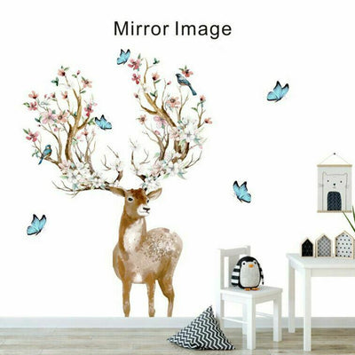 Deer Flower Blossom Bloom Birds Wall Art Sticker - hywallart